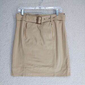 Anne Klein Skirt Womens 8P Khaki Stretch Belted Gold Zip Pockets Cotton Casual